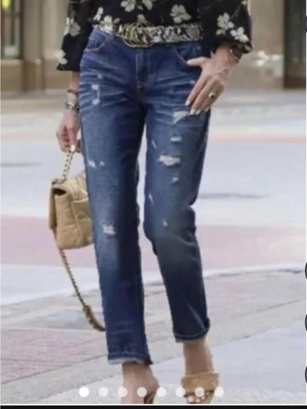 CAbi Boyfriend Jeans in medium wash blue Distressed style.